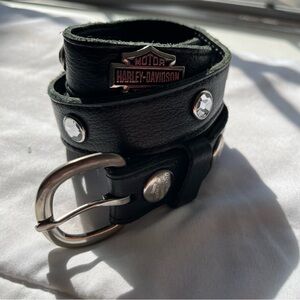 ✨Harley Davidson Women's Black Pebbled Leather Belt 28” Rhinestones 1 In. Wide🏍️